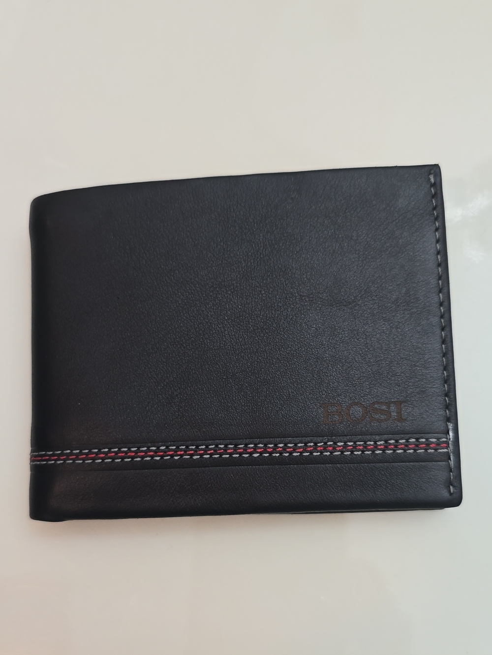 BOSI Black Leather Bi-Fold Wallet with Red Accent Stitching